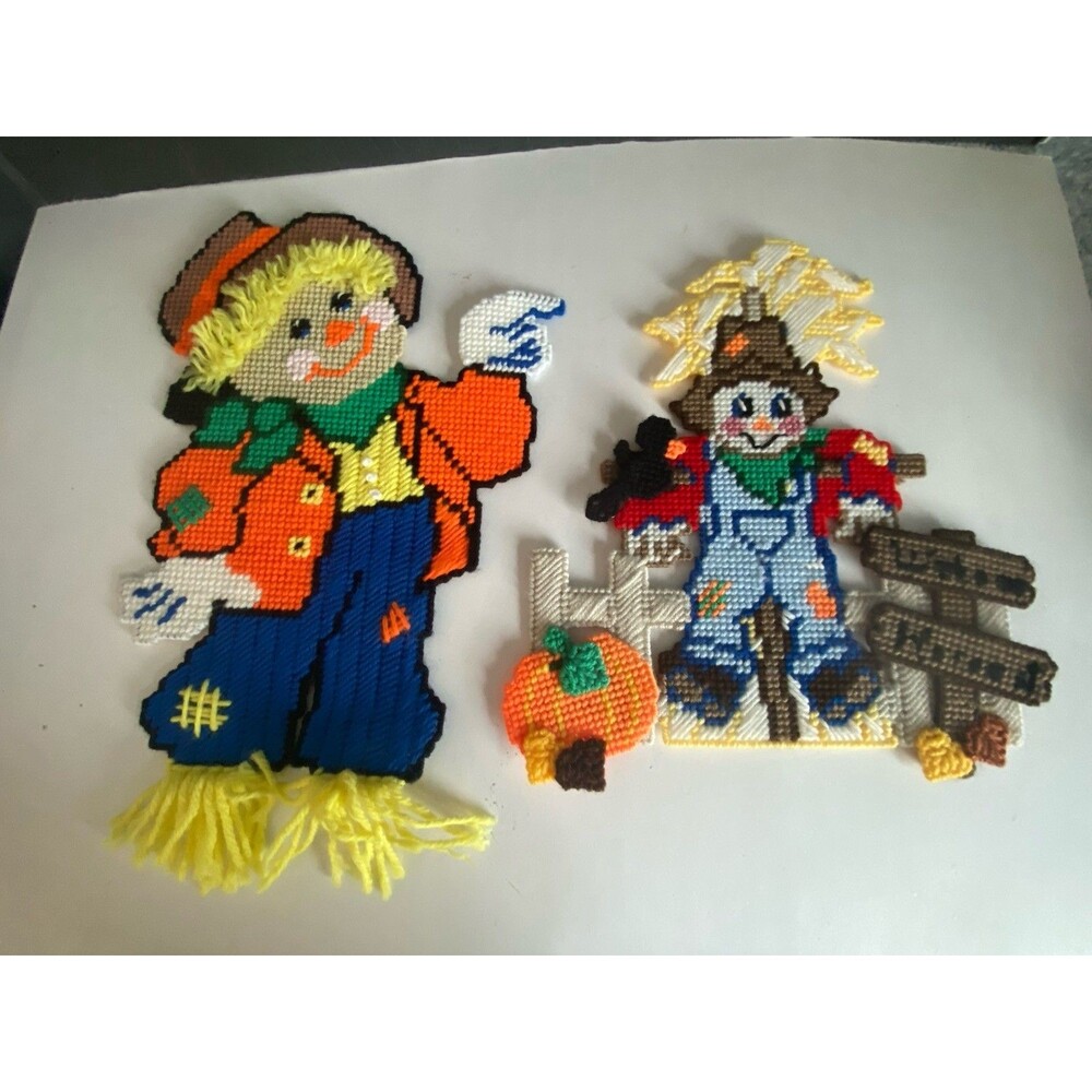 2 VTG  Fall Halloween  Thanksgiving Scarecrow Pumpkin Needlepoint Plastic Canvas